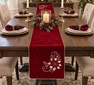 Christmas Red Velvet Table Runner Poinsettia Gold Embroidered Holiday Decor